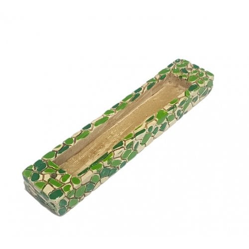 Wood Mezuzah Case with Mosaic Design - Green and Yellow with Gold Shin