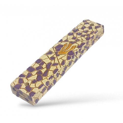 Wood Mezuzah Case with Mosaic Design  Purple and Yellow with Gold Shin