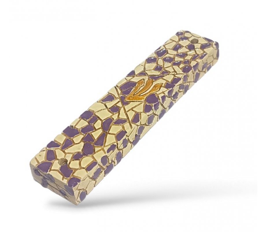 Wood Mezuzah Case with Mosaic Design – Purple and Yellow with Gold Shin