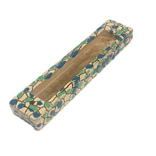 Wood Mezuzah Case with Mosaic Design - Turquoise, Green and Blue with Gold Shin