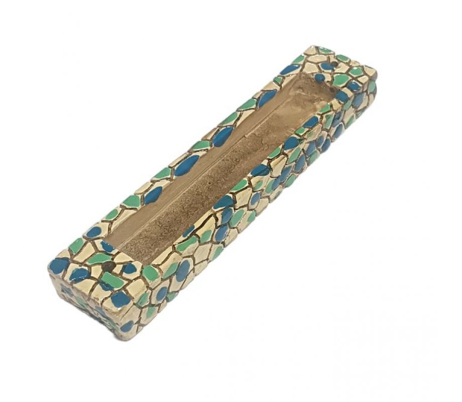 Wood Mezuzah Case with Mosaic Design - Turquoise, Green and Blue with Gold Shin