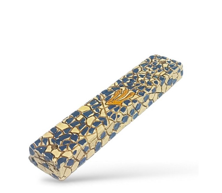 Wood Mezuzah Case with Mosaic Design, Blue and Cream - Gold Shin