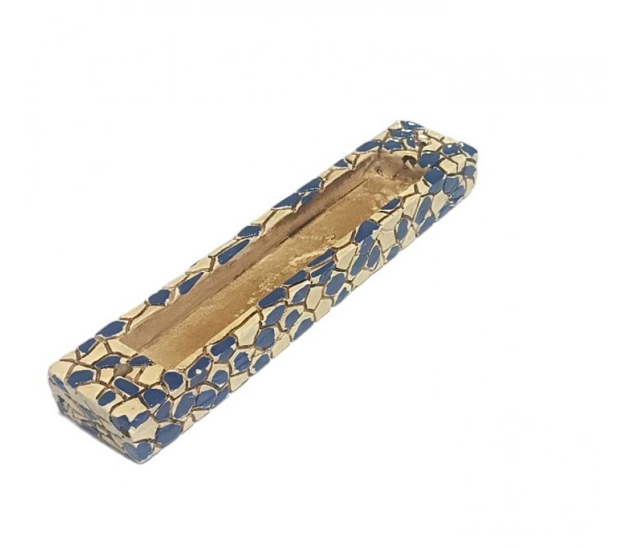 Wood Mezuzah Case with Mosaic Design, Blue and Cream - Gold Shin
