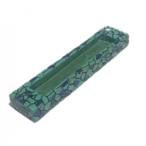 Wood Mezuzah Case with Mosaic Design, Dark Blue on Turquoise - Gold Shin