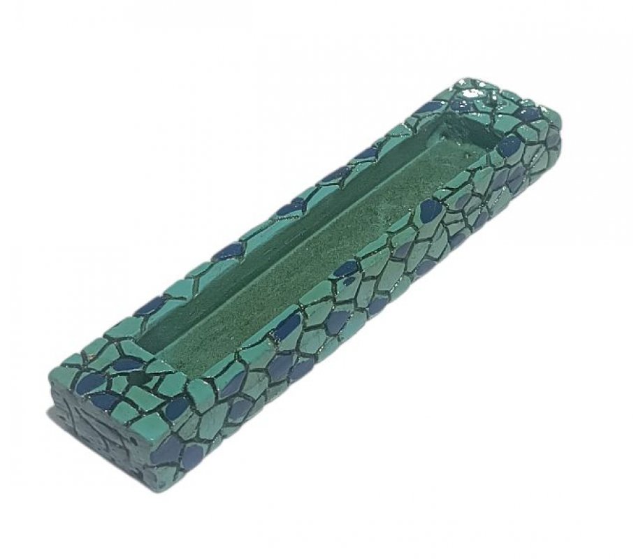 Wood Mezuzah Case with Mosaic Design, Dark Blue on Turquoise - Gold Shin
