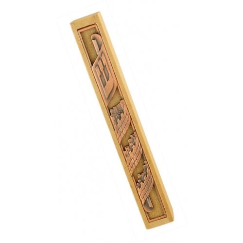 Wood Mezuzah with pink Jerusalem design