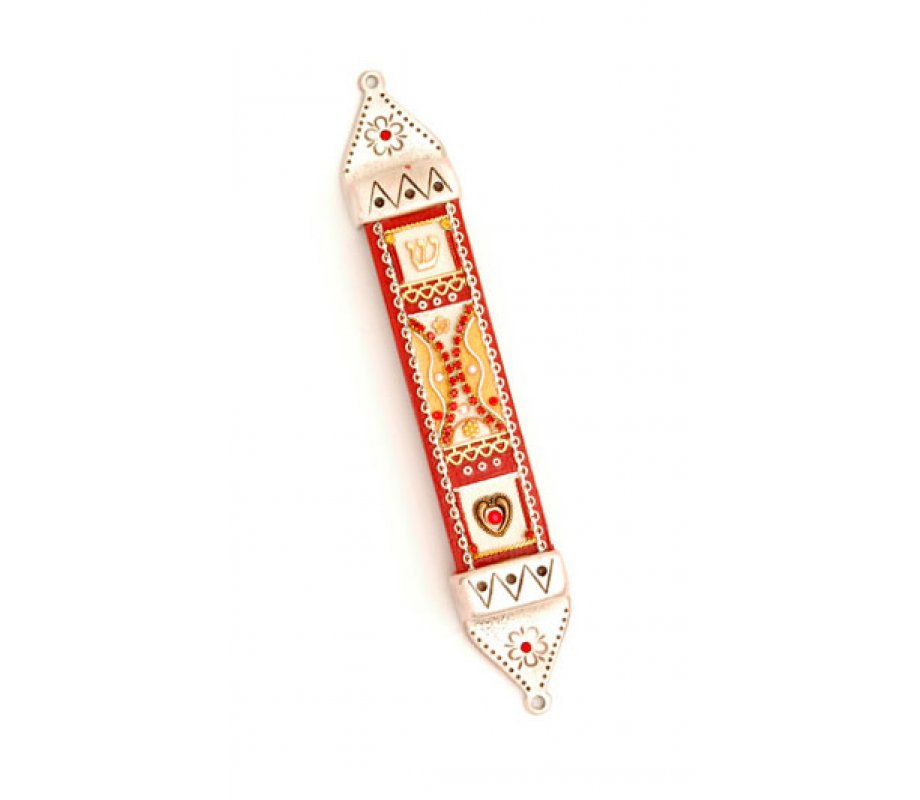 Wood and Pewter Mezuzah Red by Ester Shahaf