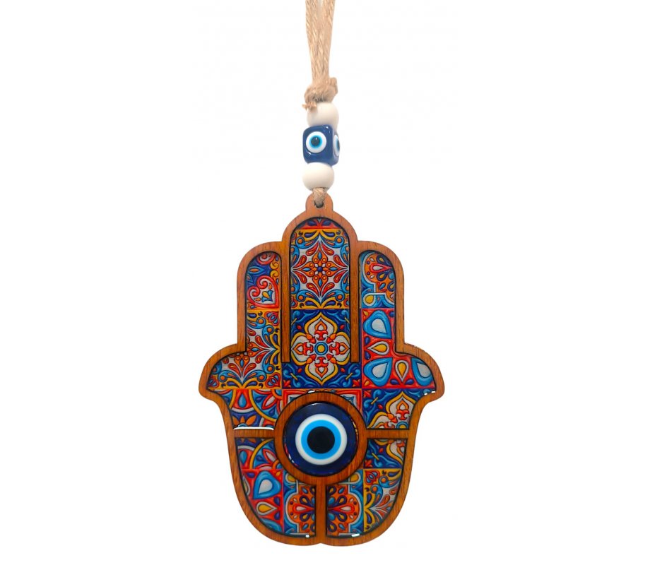 Wooden Hamsa Wall Hanging with Protection from Evil Eye - Oriental Design