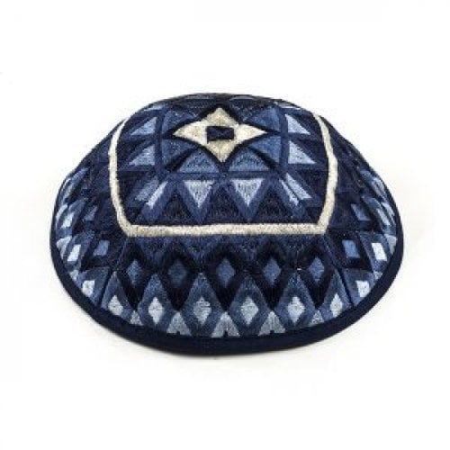 Yair Emanuel  Kippah with Silk Embroidered Geometrical Shapes in Shades of Blue
