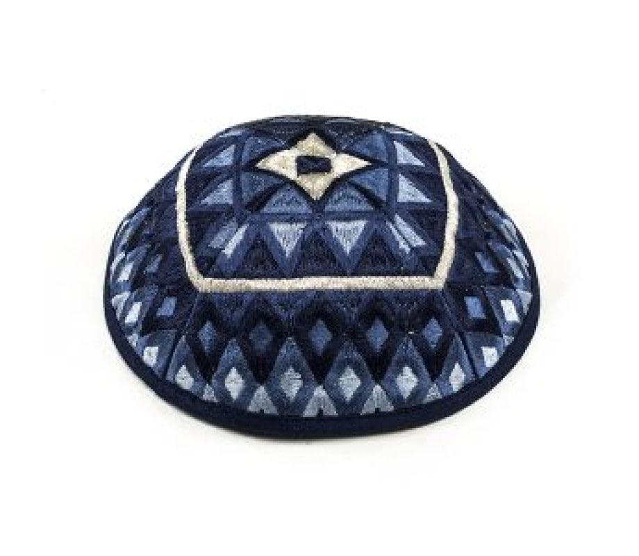 Yair Emanuel – Kippah with Silk Embroidered Geometrical Shapes in Shades of Blue