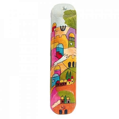 Yair Emanuel - Large Hand Painted Wood Mezuzah Case, Dove over Jerusalem