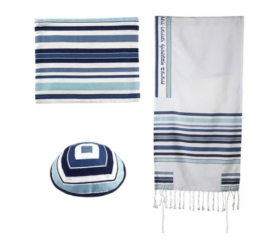 Yair Emanuel 3-Piece Tallit Set, Blue Stripes