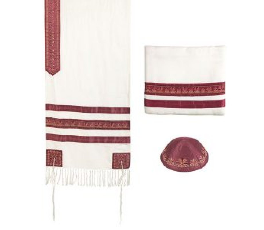 Yair Emanuel 3-Piece Tallit Set, Embroidered Decorative Stripes - Maroon