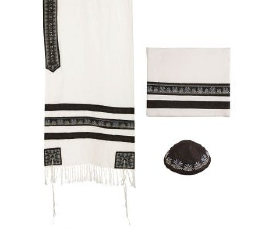 Yair Emanuel 3-Piece Tallit Set with Embroidered Decorative Stripes - Black