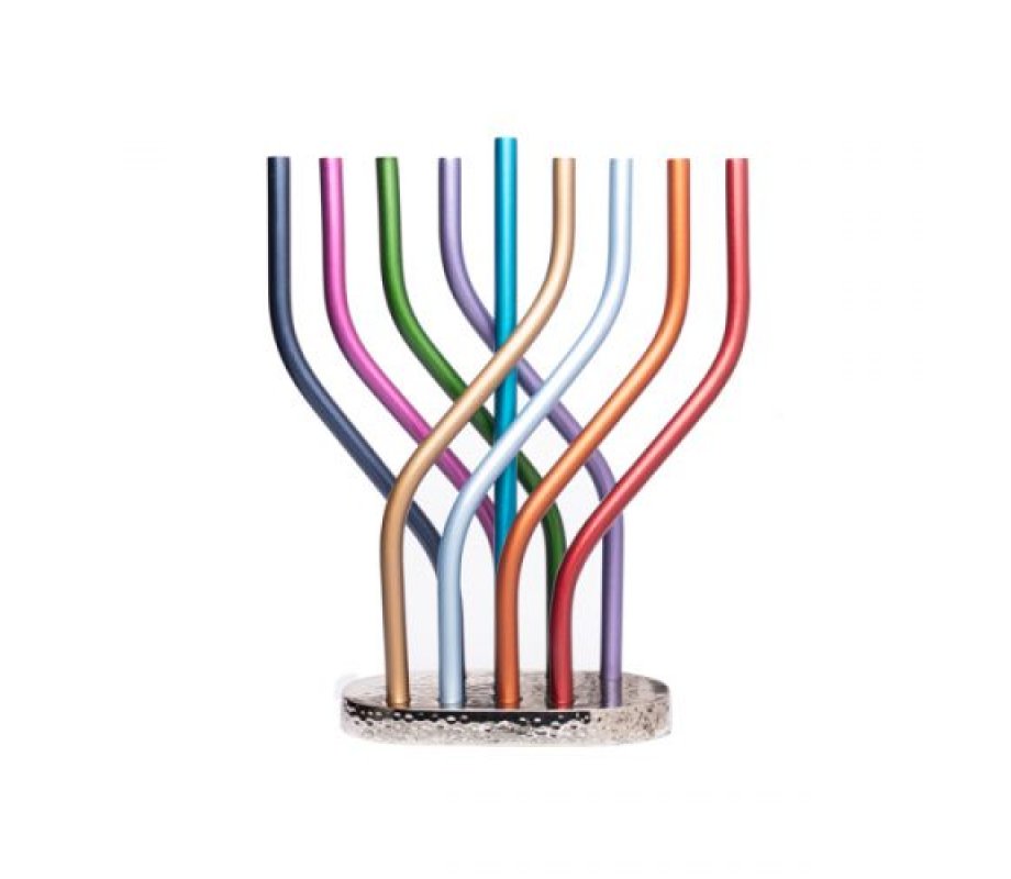 Yair Emanuel Aluminum Hanukkah Menorah with Tube Design - Multicolor Flame Design