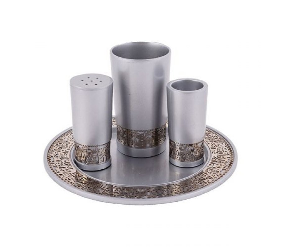 Yair Emanuel Aluminum Havdalah Set with Gold Jerusalem Band - Silver-Grey