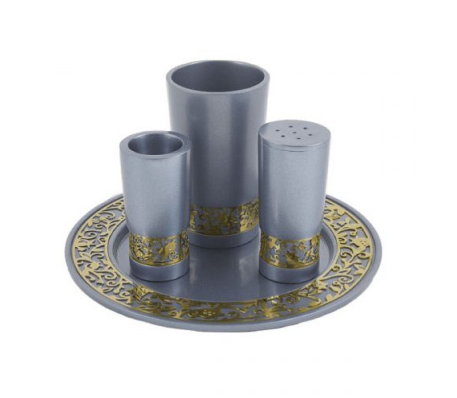 Yair Emanuel Aluminum Havdalah Set with Gold Pomegranates Band - Gray