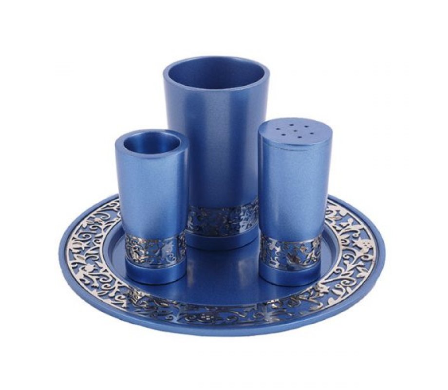 Yair Emanuel Aluminum Havdalah Set with Silver Pomegranates Band - Blue