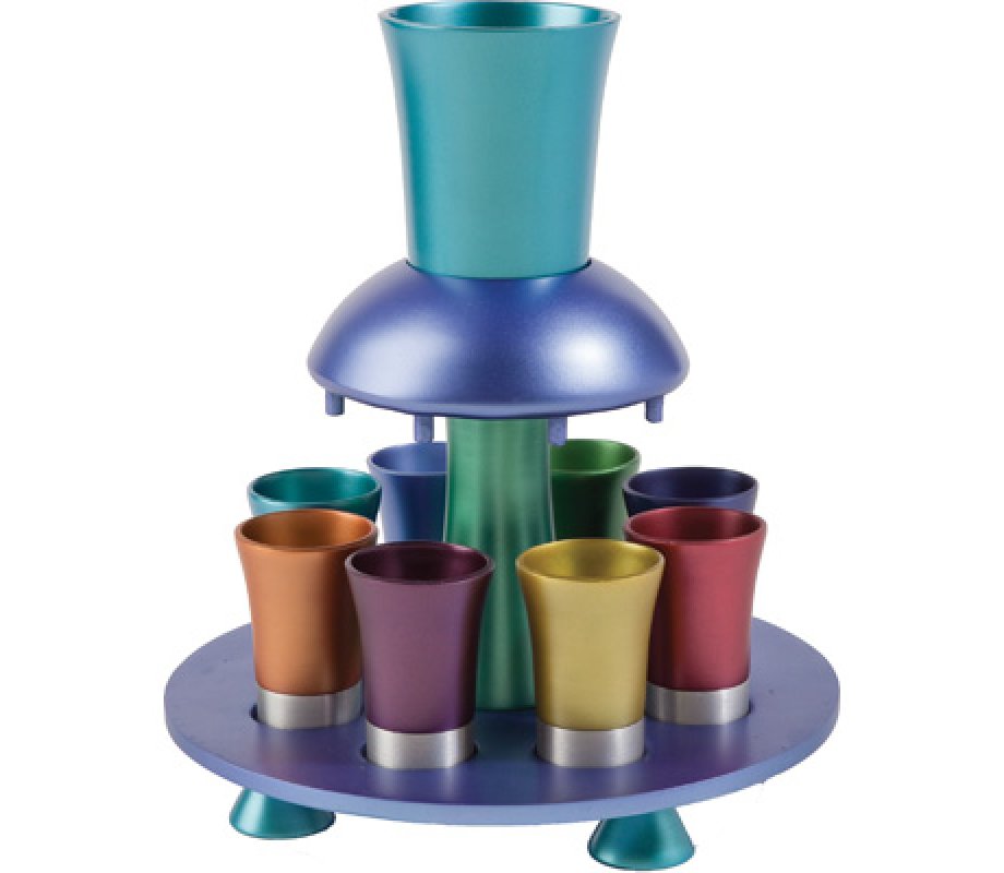 Yair Emanuel Aluminum Kiddush Fountain with Goblet, 8 Cups & Tray - Multicolored