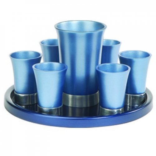 Yair Emanuel Aluminum Kiddush Goblet and Six Cups with Tray - Metallic Colors