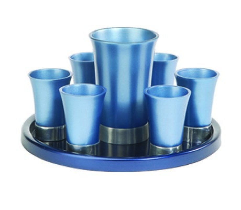 Yair Emanuel Aluminum Kiddush Goblet and Six Cups with Tray - Metallic Colors