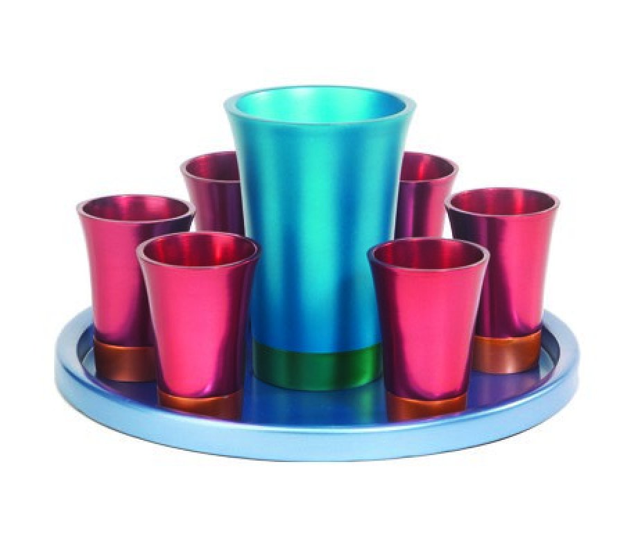 Yair Emanuel Aluminum Kiddush Goblet and Six Cups with Tray - Metallic Colors