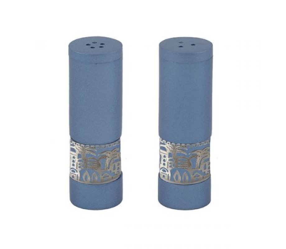 Yair Emanuel Aluminum Salt and Pepper Set with Ornate Jerusalem Band - Blue