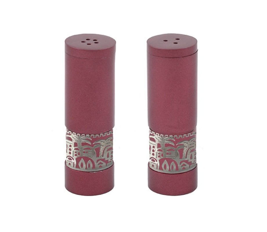 Yair Emanuel Aluminum Salt and Pepper Set with Ornate Jerusalem Band - Maroon
