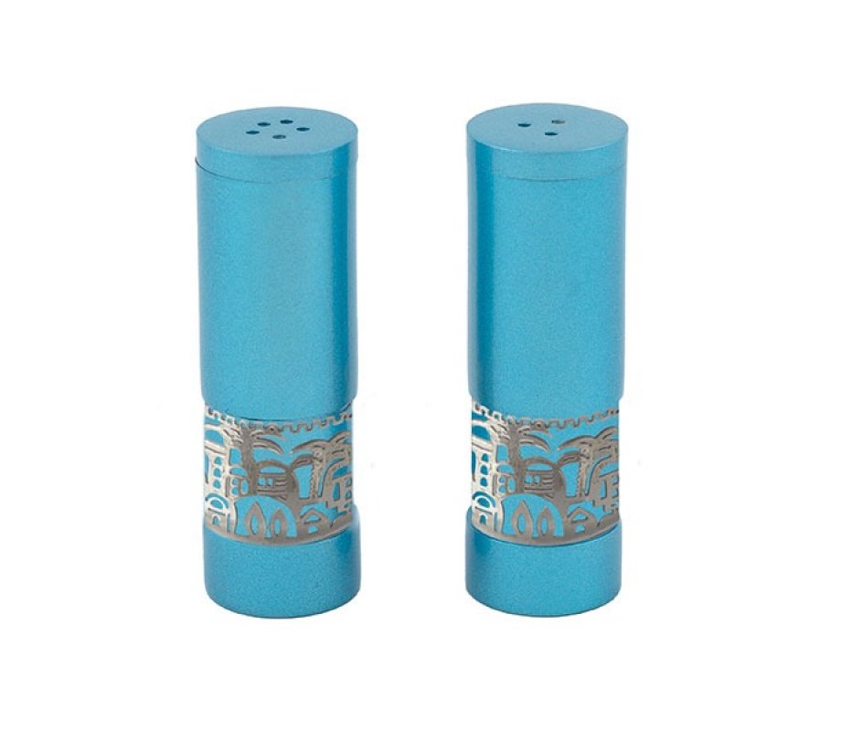 Yair Emanuel Aluminum Salt and Pepper Set with Ornate Jerusalem Band - Turquoise