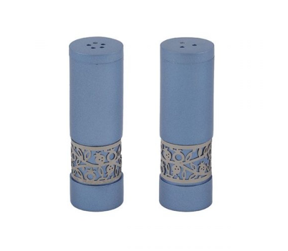 Yair Emanuel Aluminum Salt and Pepper Set with Ornate Pomegranate Band - Blue