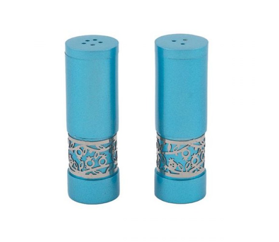 Yair Emanuel Aluminum Salt and Pepper Set with Pomegranate Band - Turquoise