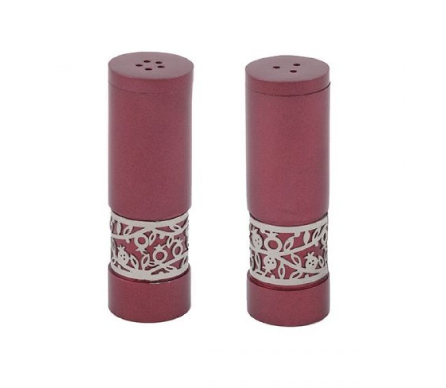 Yair Emanuel Aluminum Salt and Pepper Set with Pomegranates Band - Maroon