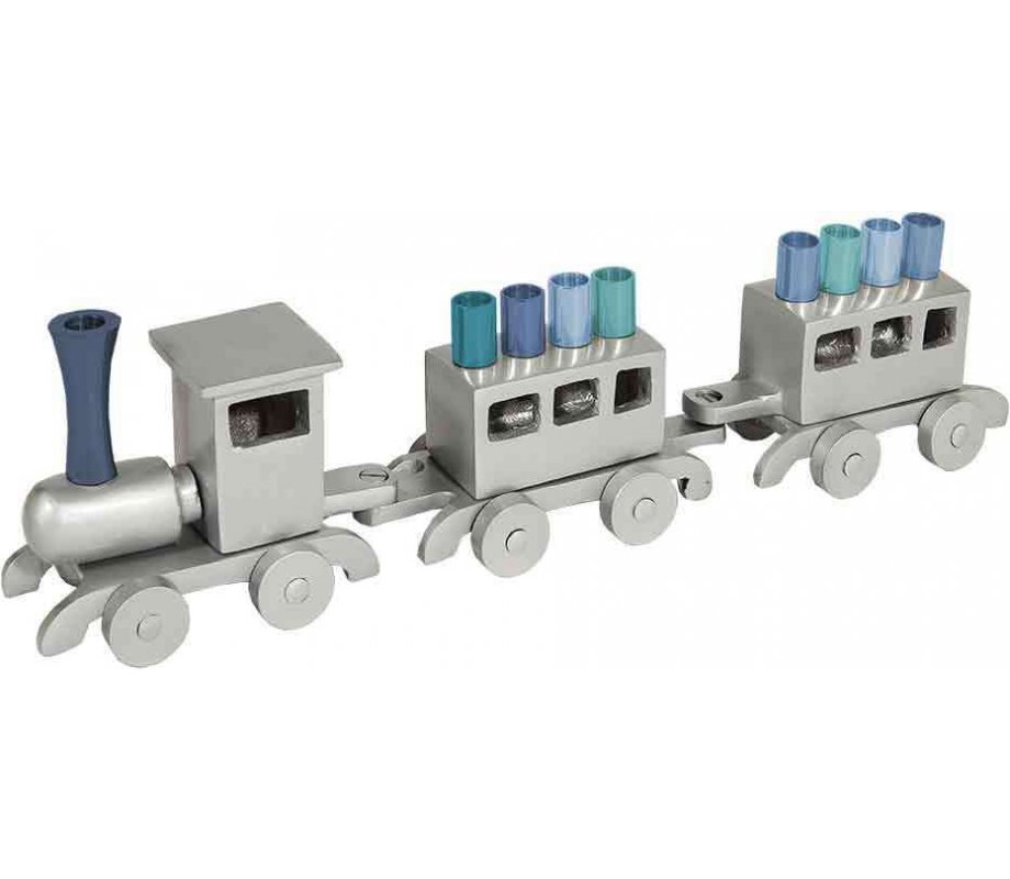 Yair Emanuel Anodized Aluminum Child's Train Hanukkah Menorah - Blue