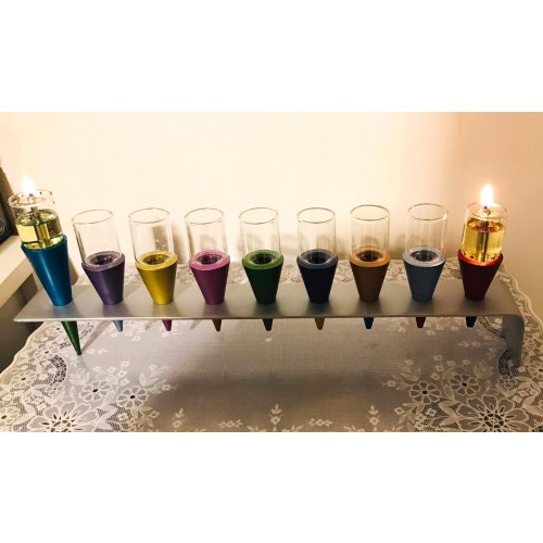 Yair Emanuel Anodized Aluminum Cones Hanukkah Menorah - Multicolored