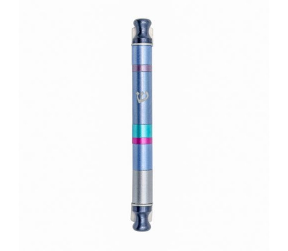 Yair Emanuel Anodized Aluminum Cylinder Mezuzah Case, Stripes - Blue
