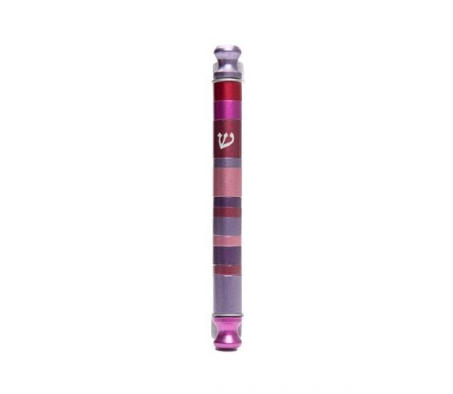 Yair Emanuel Anodized Aluminum Cylinder Mezuzah Case, Stripes - Maroon and Pink