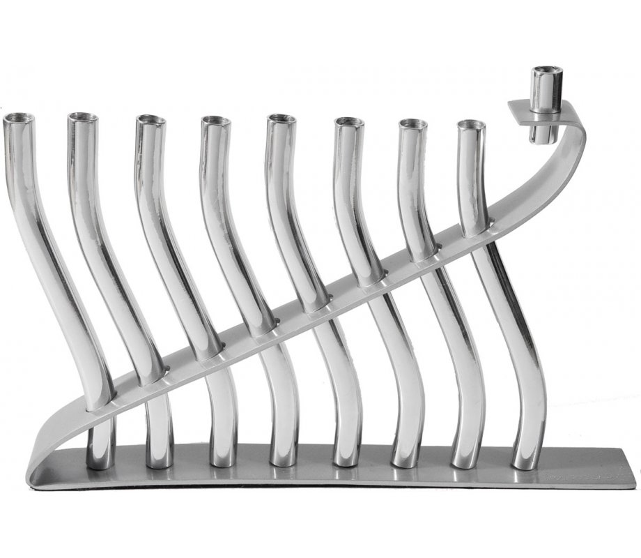 Yair Emanuel Anodized Aluminum Hanukkah Menorah, Lyre Image - Silver