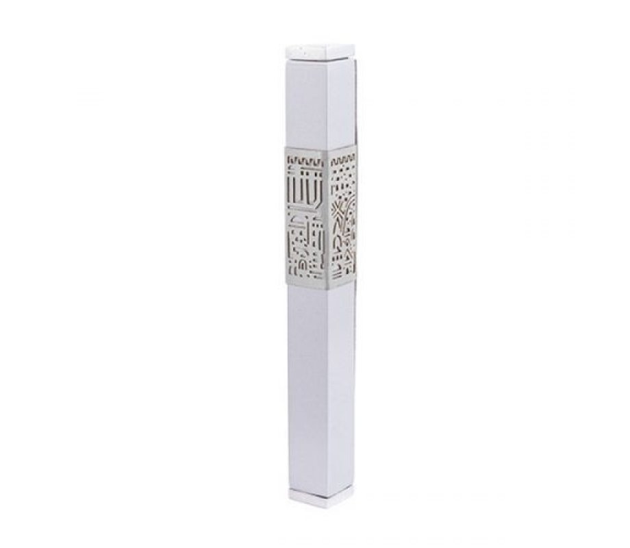 Yair Emanuel Anodized Aluminum Mezuzah Case, Cutout Jerusalem Band - White