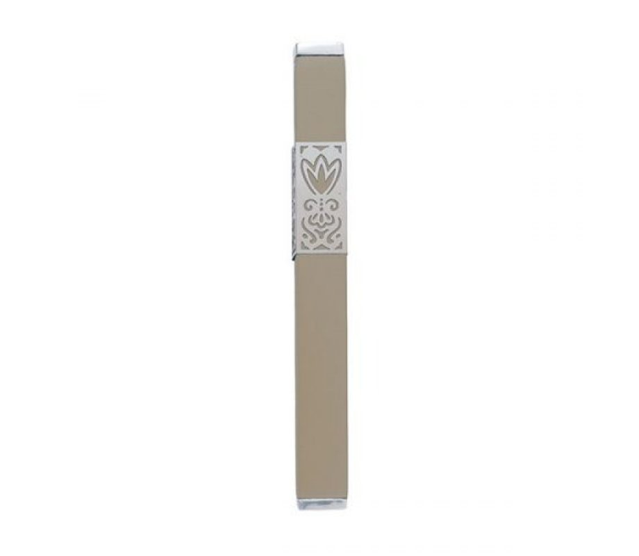 Yair Emanuel Anodized Aluminum Mezuzah Case, Decorative Cutout Flower - Beige