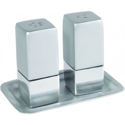 Yair Emanuel Anodized Aluminum Pillar 3-Piece Salt Pepper & Tray Set