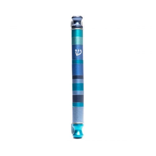 Yair Emanuel Anodized Aluminum Round Mezuzah Case  Blue Shaded Stripes