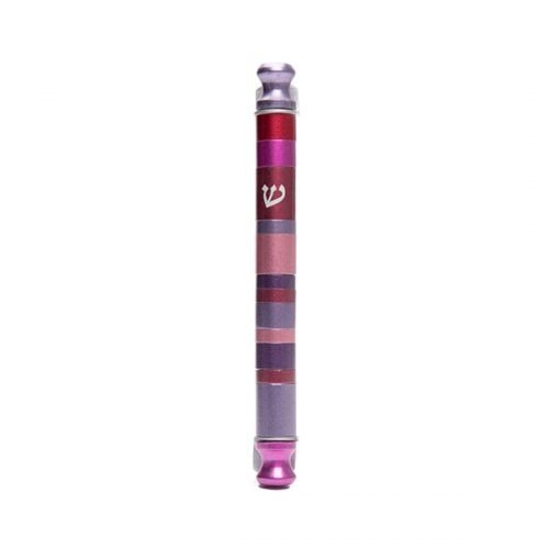 Yair Emanuel Anodized Aluminum Round Mezuzah Case - Maroon and Pink Stripes