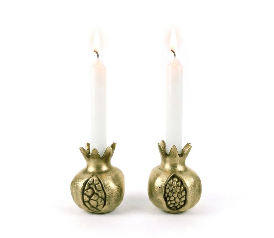 Yair Emanuel Antique Style Small Gold Color Candlesticks - Pomegranate