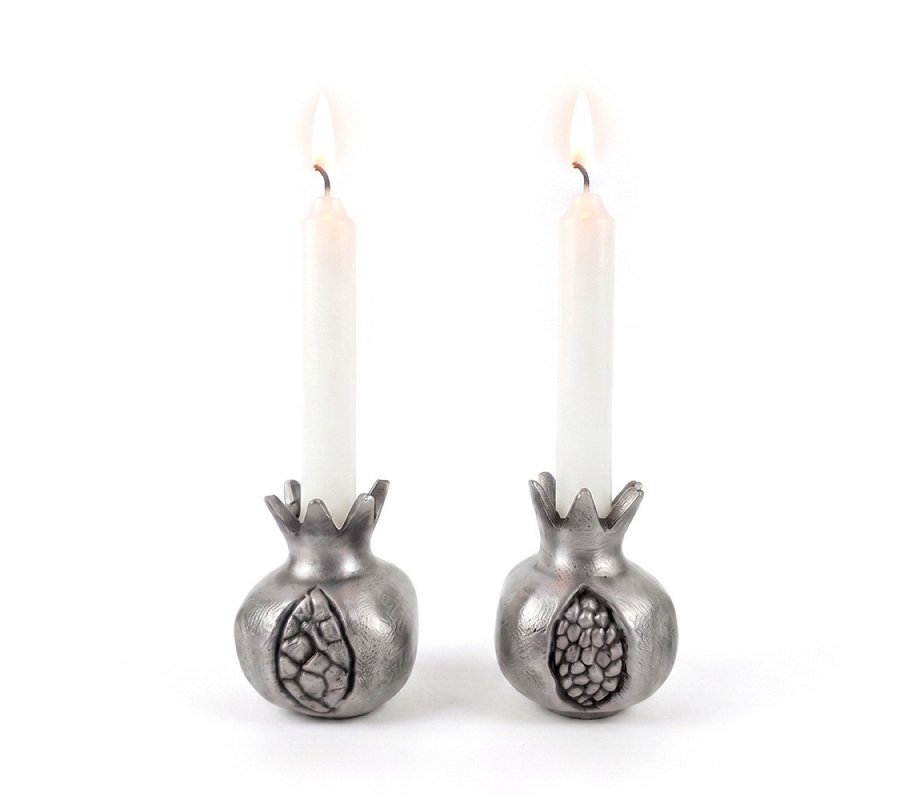 Yair Emanuel Antique Style Small Silver Color Candlesticks - Pomegranate