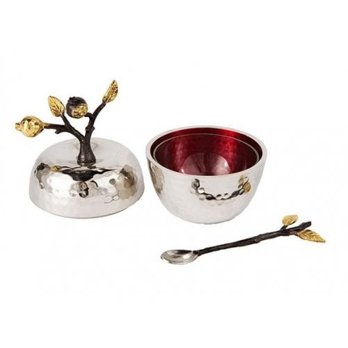 Yair Emanuel Apple Shaped Honey Dish, Hammered Stainless Steel with Gold Details