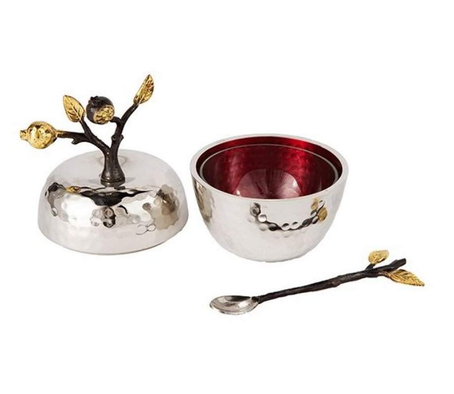 Yair Emanuel Apple Shaped Honey Dish, Hammered Stainless Steel with Gold Details