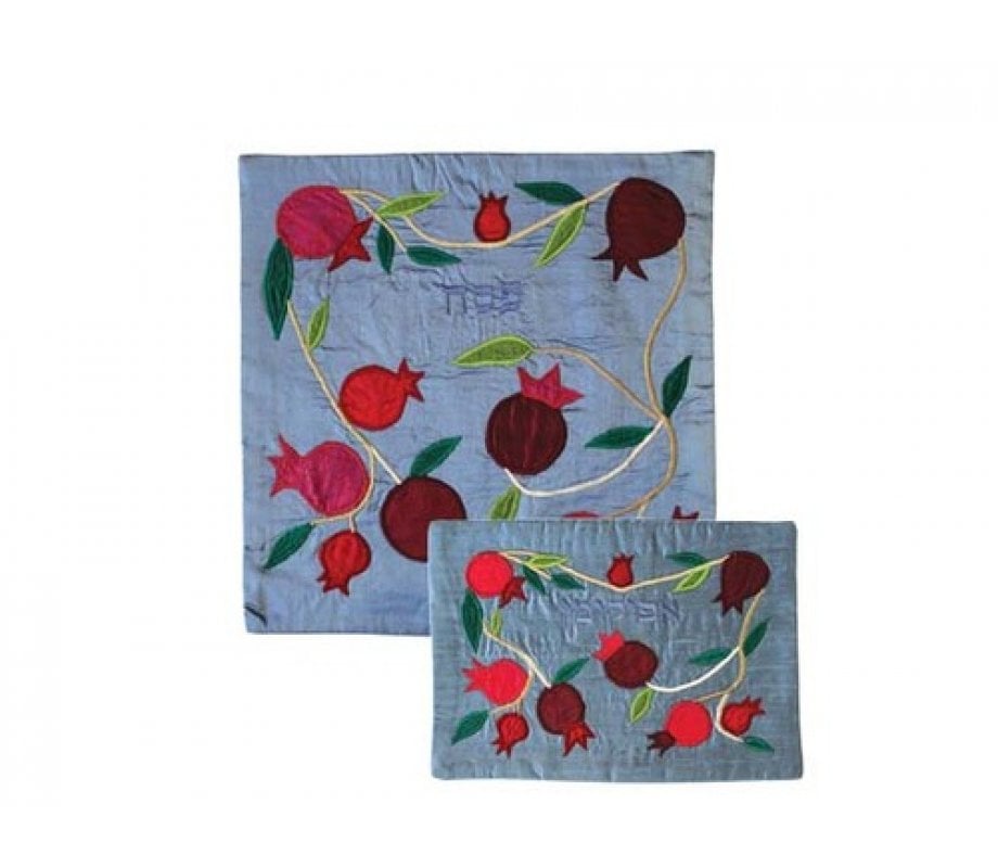 Yair Emanuel Applique Matzah Cover & Afikoman Bag, Sold Separately - Pomegranates on Blue