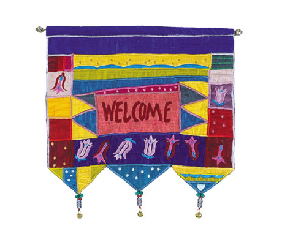 Yair Emanuel Appliqued Silk Banner Wall Hanging with Flowers, Colorful  Welcome