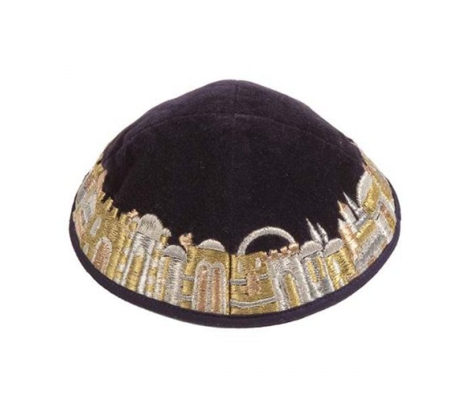 Yair Emanuel Black Velvet Kippah, Embroidered Jerusalem Images - Gold