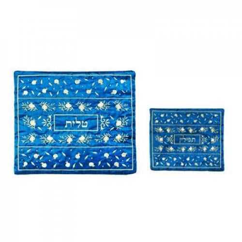 Yair Emanuel Blue Embroidered Tallit & Tefillin Bag Set - Cream Pomegranates